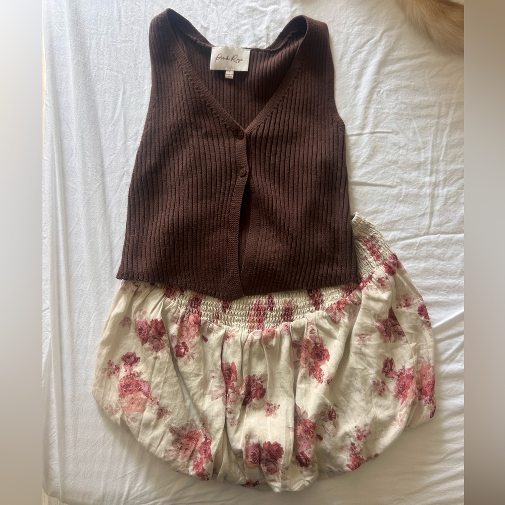 Pink Rose Ribbed Knit Top and skirt set